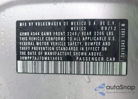 2013 Volkswagen Jetta Sportwagen 2.5L S z USA, uszkodzony, nr VIN 3VWPP7AJ7DM619463